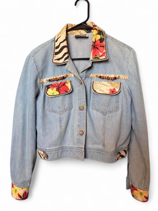 Nancy Bolen Jackets & Blazers - Vintage Nancy Bolen Patchwork Denim Jacket Size 6 Mixed Media Tropical Beaded